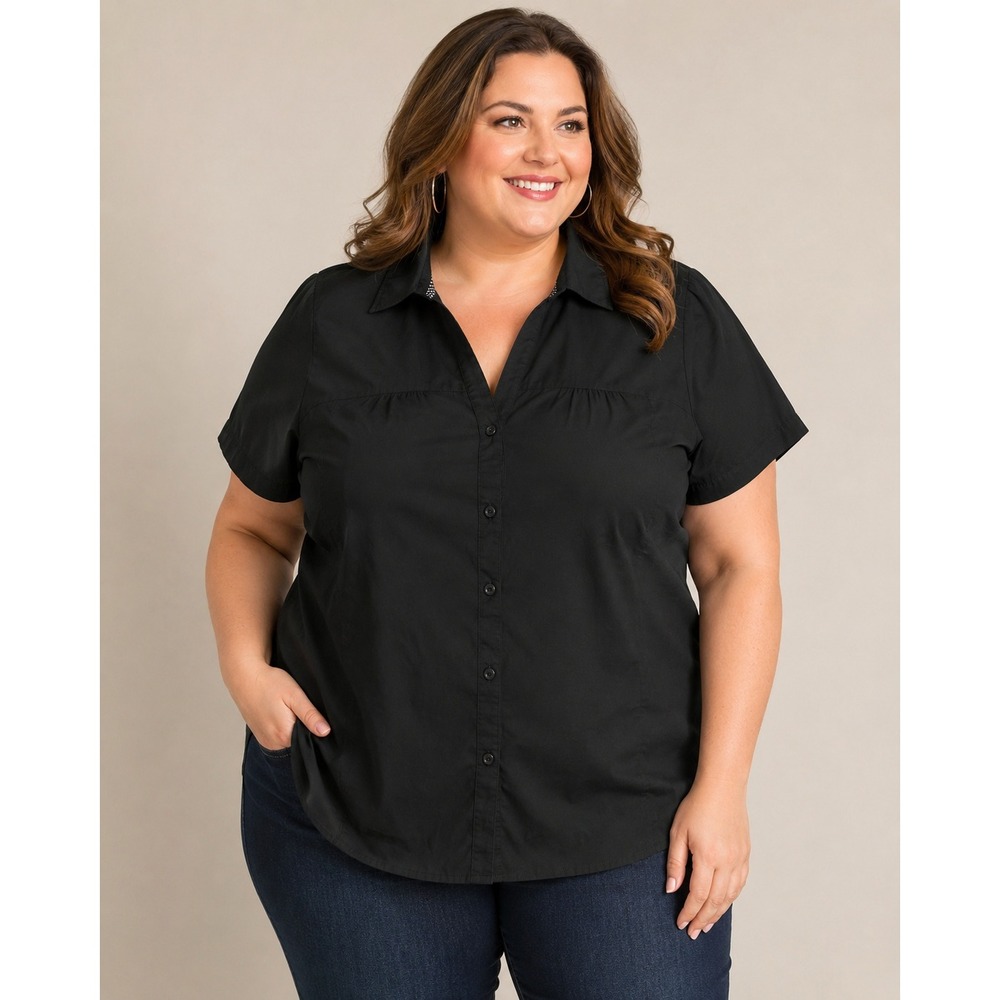 Basic Editions Womens 3X Black Short Sleeve Button Down Shirt Polka Dot Trim